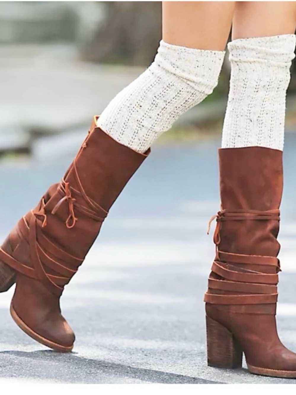 Free People Cognac Suede Mid-Calf Heeled Lace-Up Boots